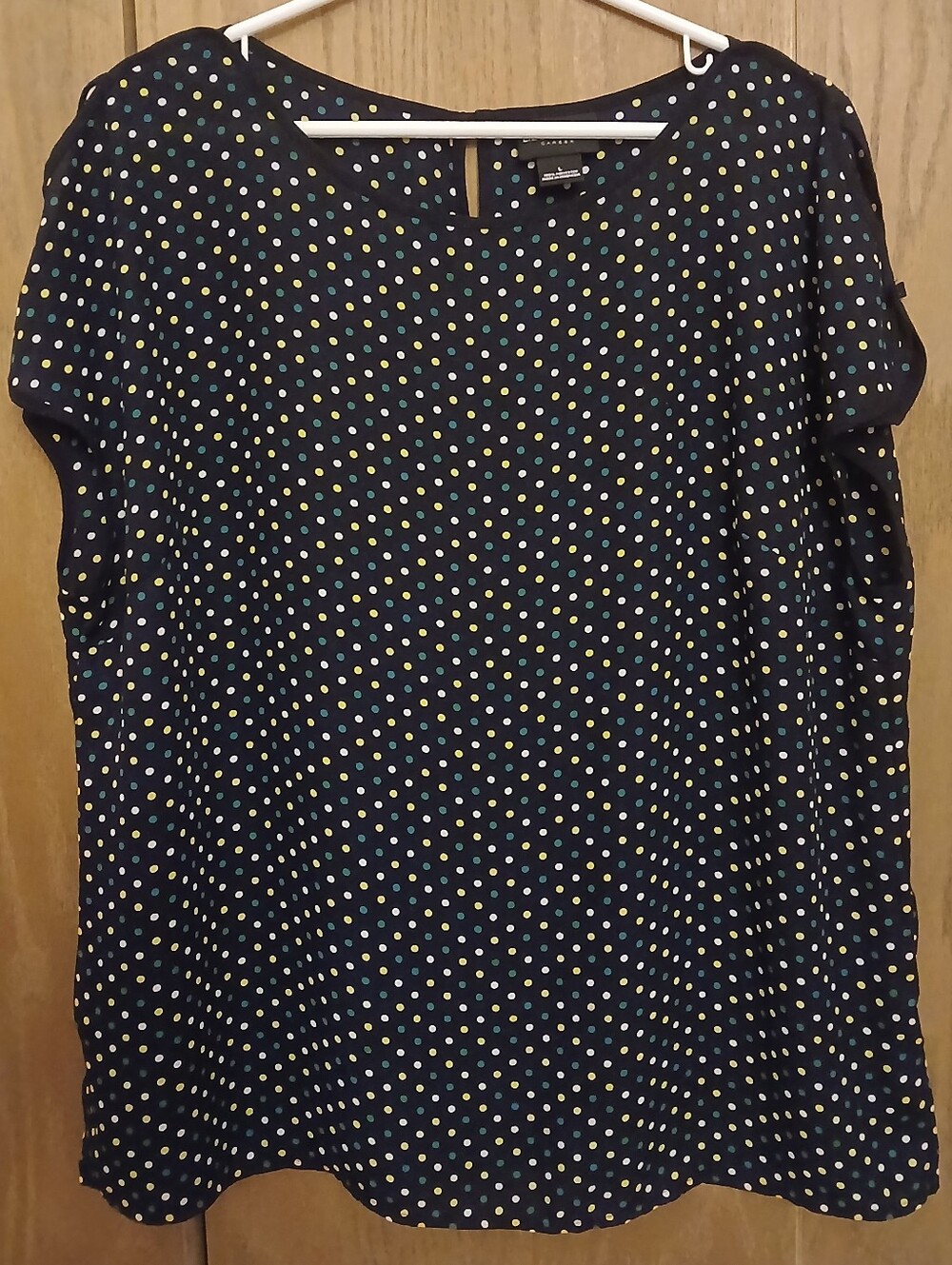 Liz Claiborne Navy Blue Polka Dot Short Sleeve Blouse - Size Large